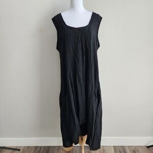 Ukambe Gauze Midi Dress Womens 2 Black Sleeveless Pintuck Pockets Lagenlook Boxy